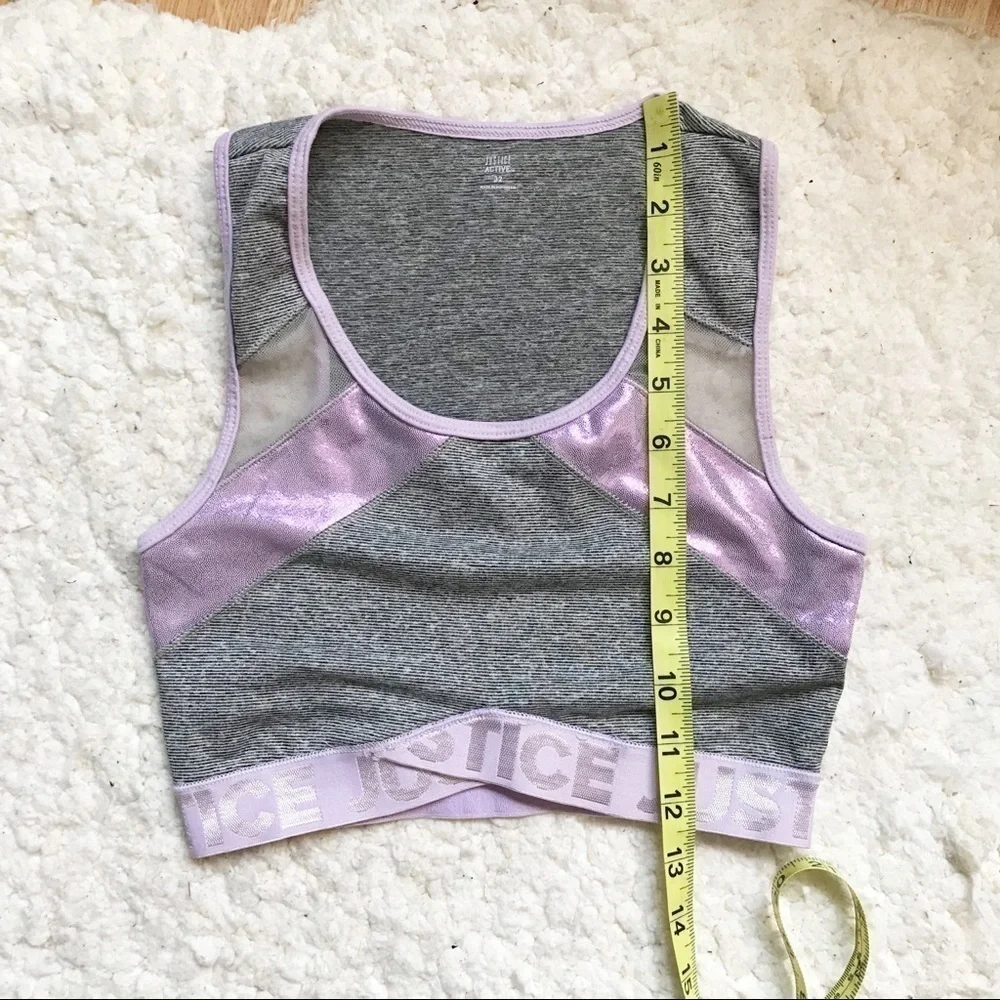 Justice: Heathered Gray Stripes Shiny Purple Bra